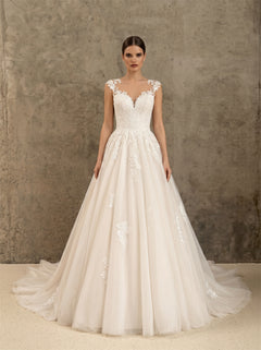 Cap Sleeve Floral Lace Illusion Back Soft Tulle A Line Wedding Dress Bridal Dress