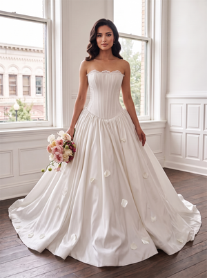 Strapless Corset Satin Wedding Dress Heart Cutout Back 3D Petal Ball Gown