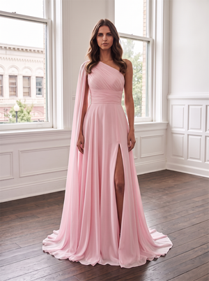 One Shoulder Cape Sleeve Ruched Chiffon Bridesmaid Dress High Leg Slit Hidden Back Zipper Blush Pink Formal Wedding Guest Evening Gown