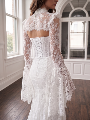 High Neck Bell Sleeve Lace Mermaid Wedding Dress Corset Lace Up Back Vintage Gown