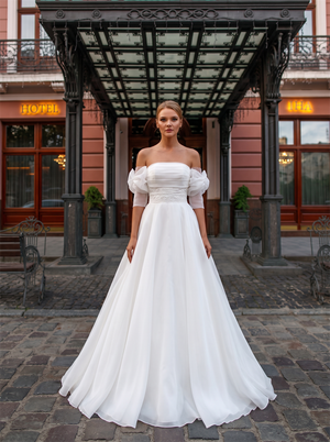 Strapless Puff Sleeve Beaded Waist Organza A Line Wedding Dress Button Back Soft Train Minimalist Bridal Gown