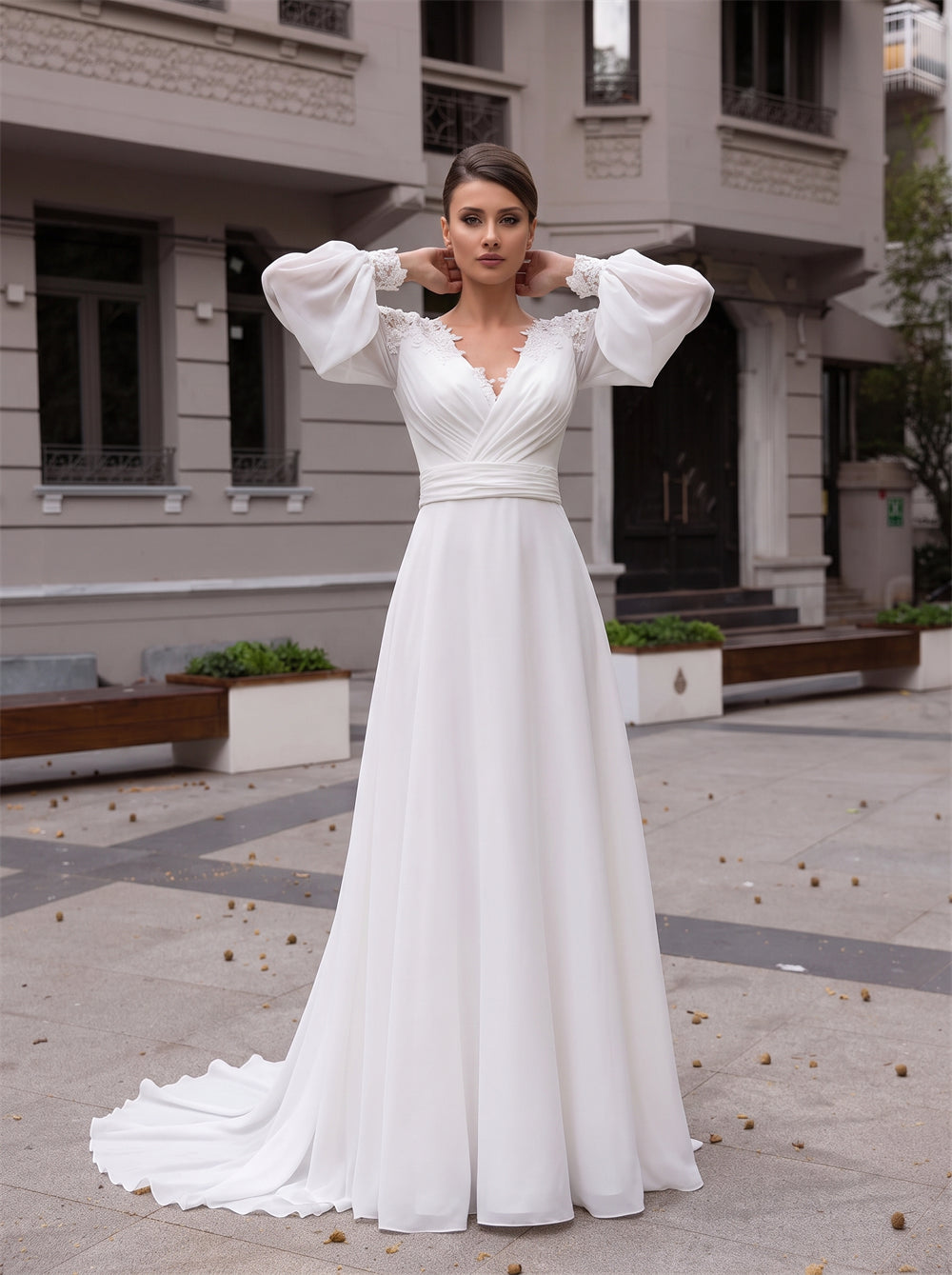 Long Puff Sleeve Lace Chiffon Wedding Dress Surplice V Neck Deep V Back Waist Sash A Line Bridal Gown