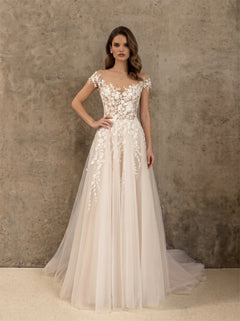 Off Shoulder Floral Lace Deep V Back Soft Tulle A Line Wedding Dress Bridal Dress