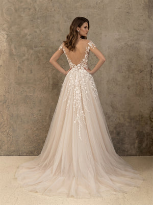 Off Shoulder Floral Lace Deep V Back Soft Tulle A Line Wedding Dress Bridal Dress