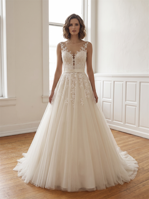 Illusion High Neck Lace Tulle A Line Wedding Dress Detachable Satin Bow Low V Sheer Back Champagne Lining Bridal Gown