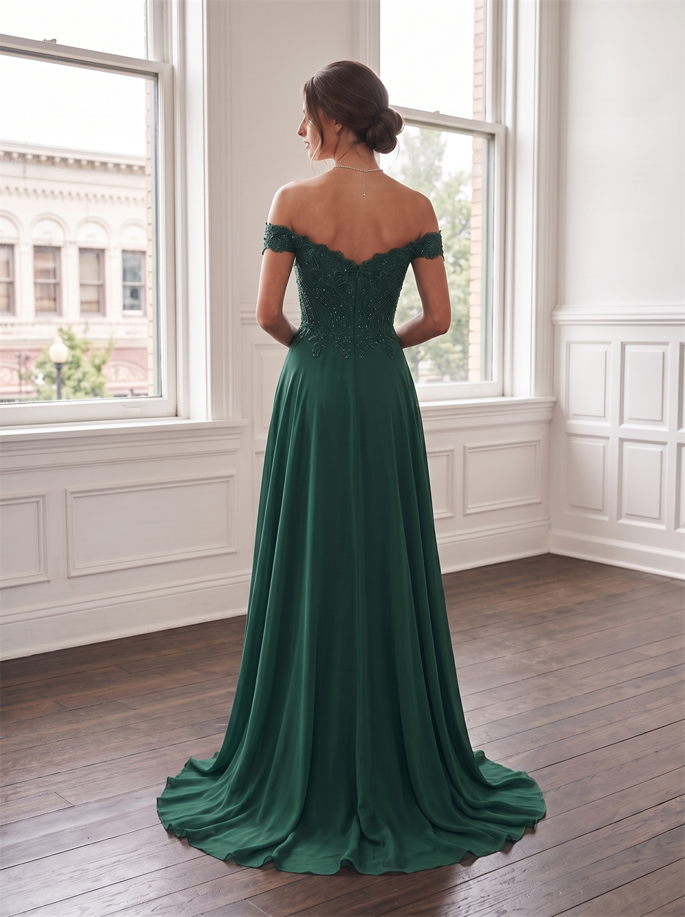 Off The Shoulder Scalloped Lace Beaded Chiffon Bridesmaid Dress High Leg Slit Emerald Dark Green Formal Wedding Guest Evening Gown
