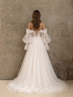 Off Shoulder Puff Sleeve Corset Back Soft Tulle A Line Wedding Dress Bridal Dress