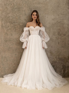 Off Shoulder Puff Sleeve Corset Back Soft Tulle A Line Wedding Dress Bridal Dress