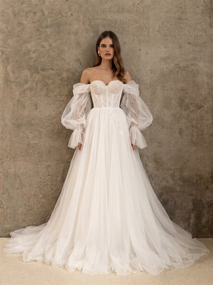 Off Shoulder Puff Sleeve Corset Back Soft Tulle A Line Wedding Dress Bridal Dress