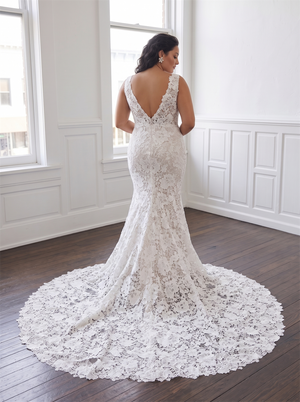 Plus Size Full Lace Mermaid Wedding Dress Sleeveless Plunge V Neck Deep V Sheer Illusion Back Oversized Lace Bridal Gown