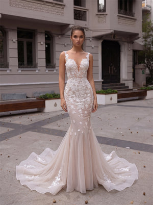 Detachable Overskirt Mermaid Champagne Tulle Wedding Dress Sleeveless Deep V Floral Lace Illusion Back Pearl Button Bridal Gown