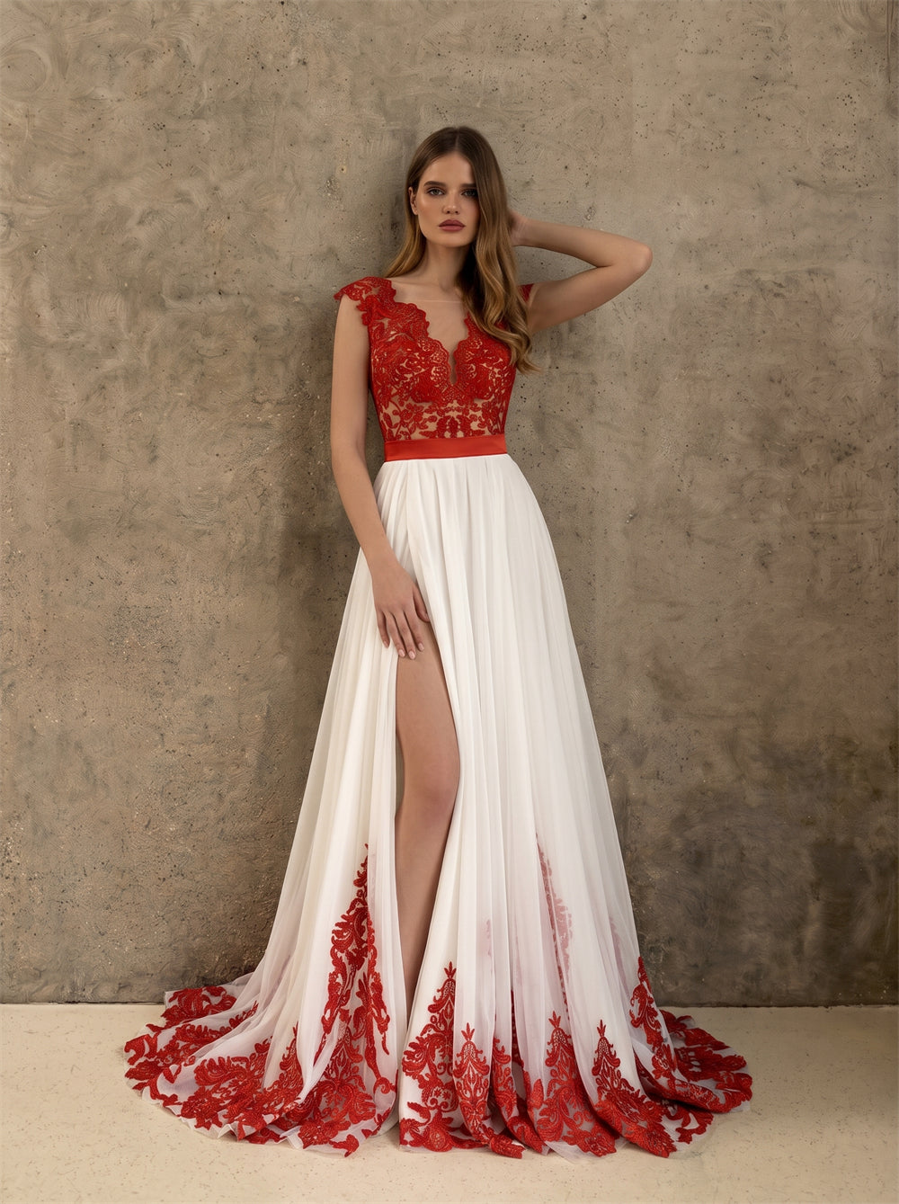 V Neck Cap Sleeve Red Floral Lace High Slit Soft Tulle Wedding Dress Bridal Dress