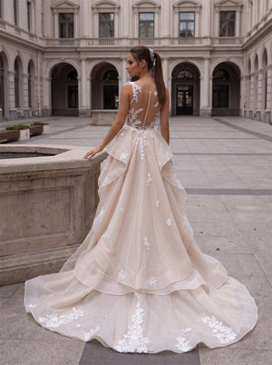 Detachable Overskirt Mermaid Champagne Tulle Wedding Dress Sleeveless Deep V Floral Lace Illusion Back Pearl Button Bridal Gown
