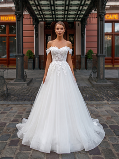 Off The Shoulder Convertible Long Sleeve Floral Lace Tulle Ball Gown Wedding Dress Illusion V Pearl Back Bridal Gown