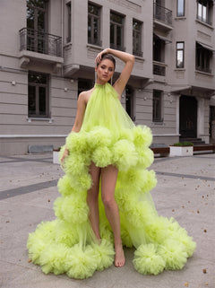 Halter Neck High Low Neon Green Tulle Prom Dress 3D Pom Pom Flowers Open Back Bow Train Evening Gown