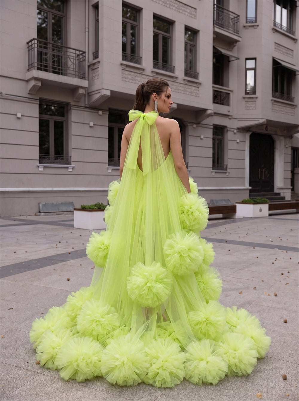 Halter Neck High Low Neon Green Tulle Prom Dress 3D Pom Pom Flowers Open Back Bow Train Evening Gown
