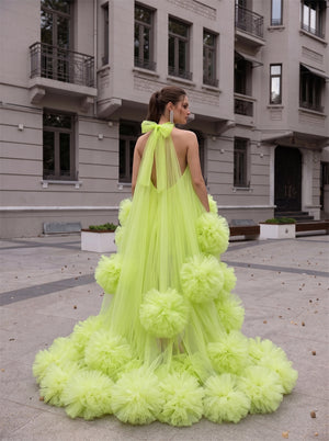 Halter Neck High Low Neon Green Tulle Prom Dress 3D Pom Pom Flowers Open Back Bow Train Evening Gown