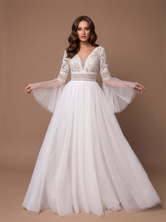 Wedding Dress Romantic Boho Tulle A Line Wedding Dress With Lace Bell 3/4 Sleeves & Sheer V Lace Back