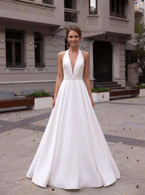 Halter Deep V Satin Wedding Dress Low Open Back A Line Minimalist Bridal Gown