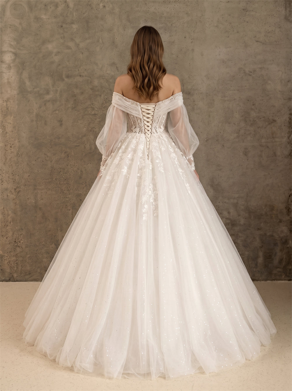 Off Shoulder Pearl Bead Floral Lace Long Puff Sleeve Glitter Tulle Ball Gown Wedding Dress Bridal Dress