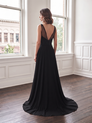 Spaghetti Strap Beaded Lace Chiffon Bridesmaid Dress Illusion V Back High Leg Slit Black Formal Wedding Guest Evening Gown