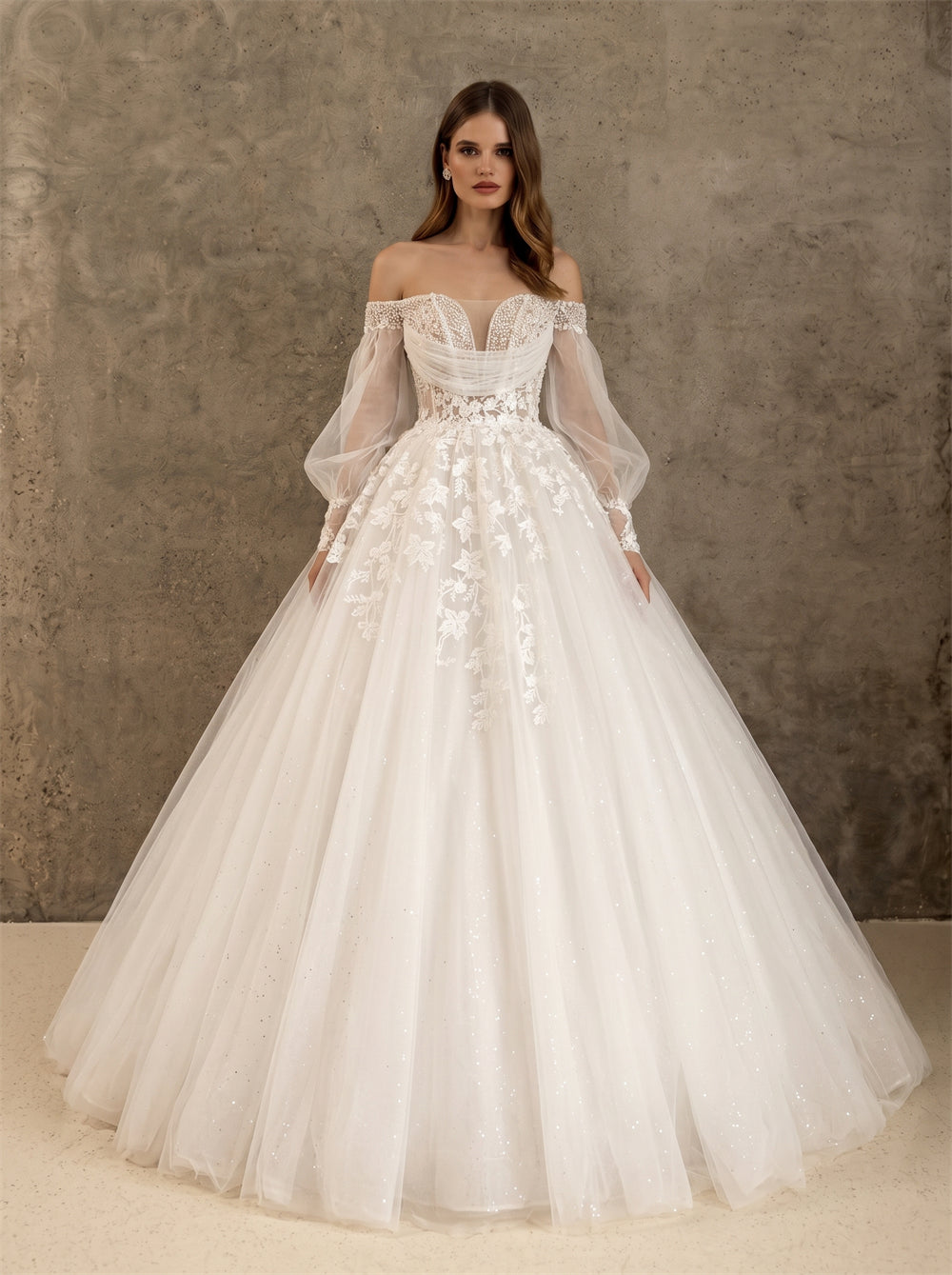 Off Shoulder Pearl Bead Floral Lace Long Puff Sleeve Glitter Tulle Ball Gown Wedding Dress Bridal Dress