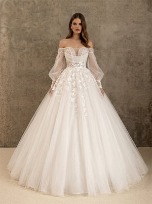 Off Shoulder Pearl Bead Floral Lace Long Puff Sleeve Glitter Tulle Ball Gown Wedding Dress Bridal Dress