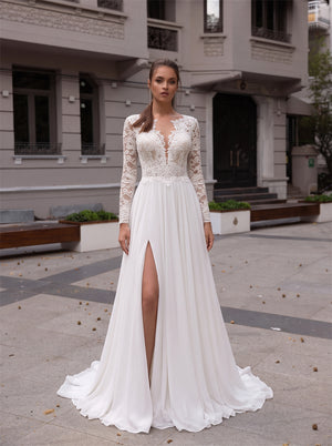 Long Sleeve Floral Lace Chiffon Wedding Dress Front Slit Illusion Back Pearl Button A Line Bridal Gown