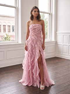 Strapless Tiered Ruffled Chiffon Bridesmaid Dress High Leg Slit Blush Pink Formal Wedding Guest Evening Gown