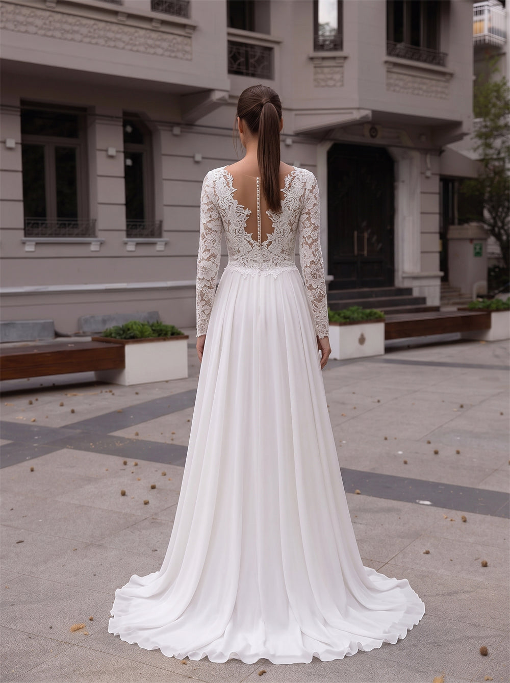 Long Sleeve Floral Lace Chiffon Wedding Dress Front Slit Illusion Back Pearl Button A Line Bridal Gown