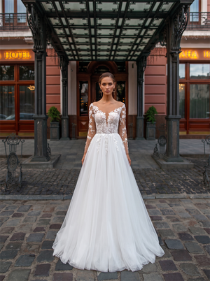 Illusion V Neck Long Sleeve Floral Lace White Tulle A Line Wedding Dress Vertical Pearl Back Soft Train Bridal Gown
