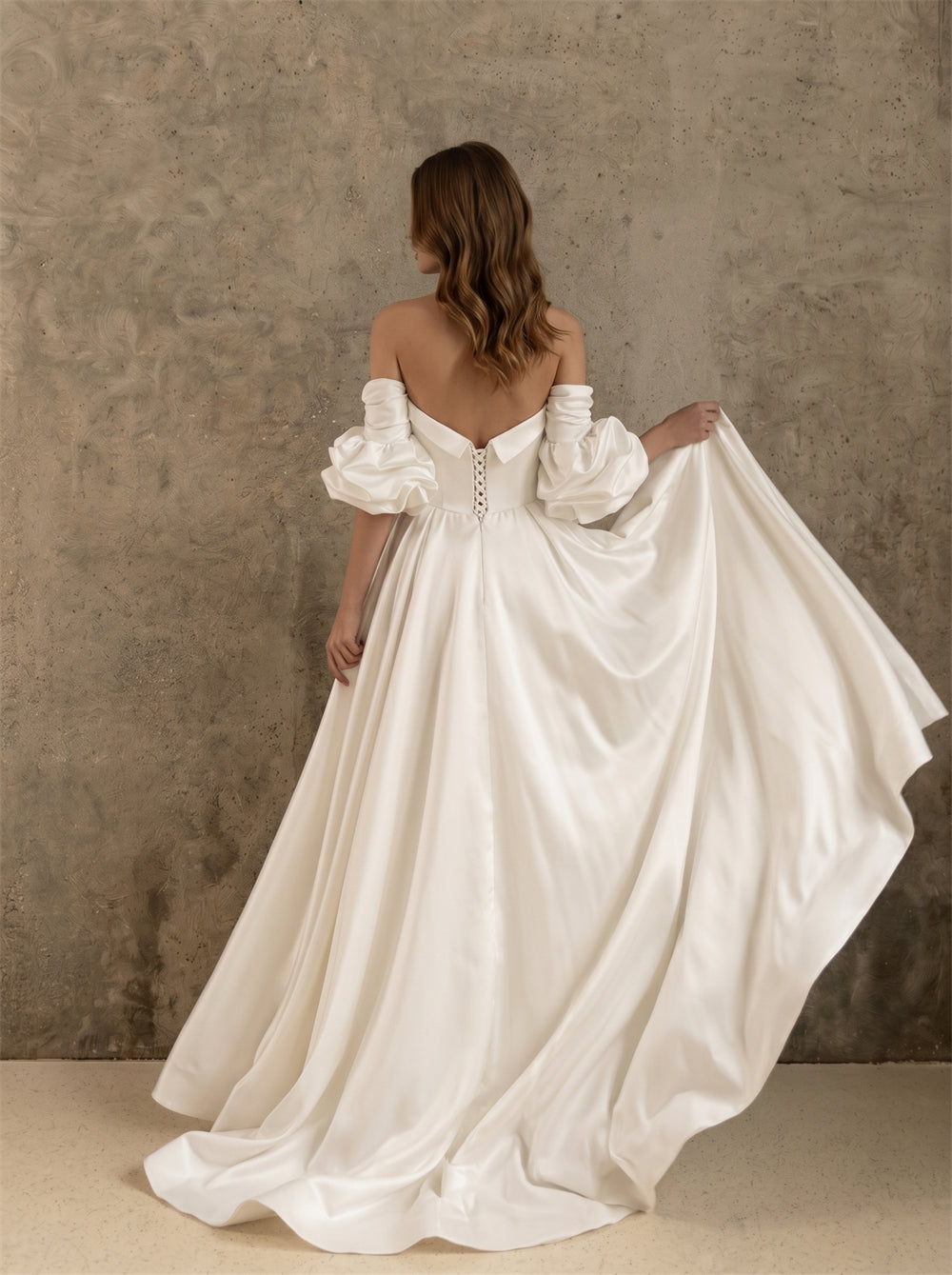 Off Shoulder Detachable Puff Sleeve Pearl Sweetheart Satin A Line Wedding Dress Bridal Dress
