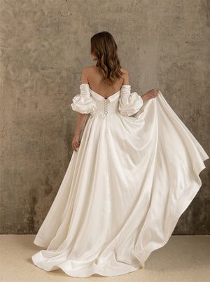 Off Shoulder Detachable Puff Sleeve Pearl Sweetheart Satin A Line Wedding Dress Bridal Dress