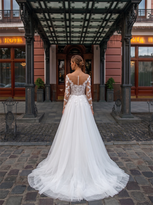 Illusion V Neck Long Sleeve Floral Lace White Tulle A Line Wedding Dress Vertical Pearl Back Soft Train Bridal Gown