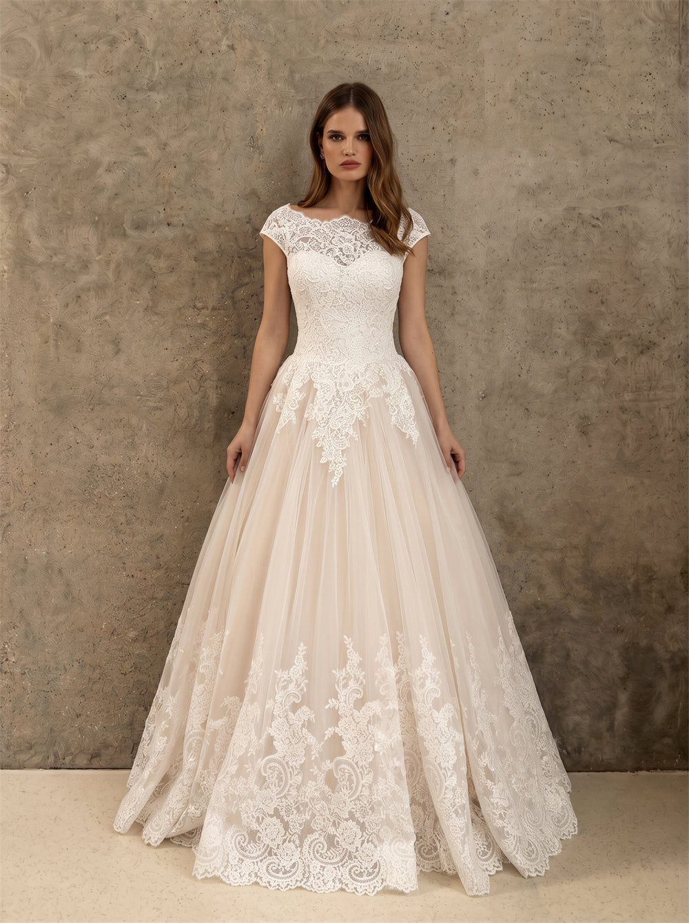 Off Shoulder Cap Sleeve Floral Lace Illusion Back Soft Tulle Wedding Dress Bridal Dress