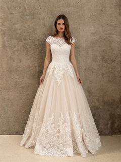 Off Shoulder Cap Sleeve Floral Lace Illusion Back Soft Tulle Wedding Dress Bridal Dress