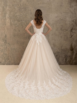 Off Shoulder Cap Sleeve Floral Lace Illusion Back Soft Tulle Wedding Dress Bridal Dress