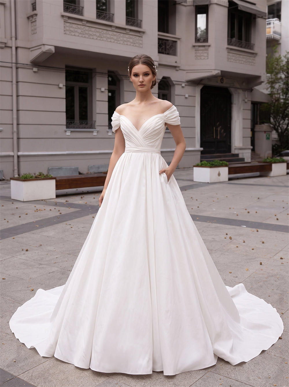 Off The Shoulder Pleated Satin Wedding Dress Deep V Back Hidden Pockets Ball Gown Bridal Gown