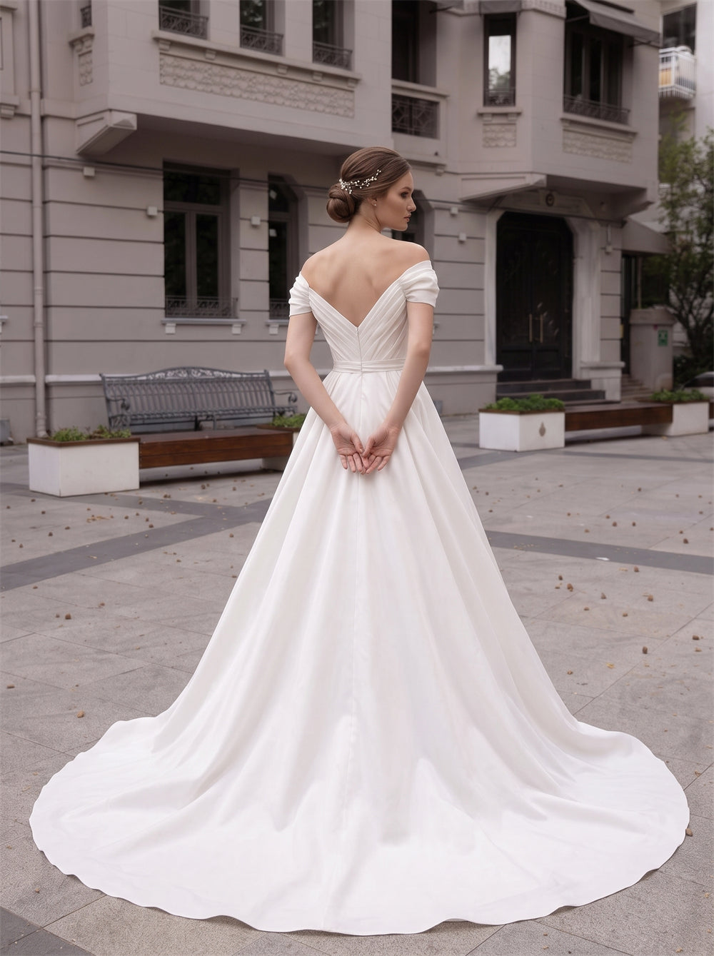 Off The Shoulder Pleated Satin Wedding Dress Deep V Back Hidden Pockets Ball Gown Bridal Gown