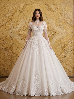 High Neck Long Sleeve Sheer Lace Ball Gown Wedding Dress Royal Luxury Full Skirt Bridal Dress