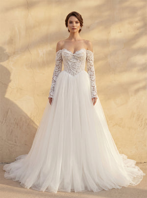 Off Shoulder Long Sleeve Lace Corset Tulle Ball Gown Wedding Dress Beaded Sweetheart Lace Up Back Romantic Bridal Dress
