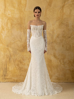 Strapless Beaded Corset Floral Lace Mermaid Wedding Dress Detachable Long Lace Sleeve Lace Up Back Fitted Long Train Bridal Dress