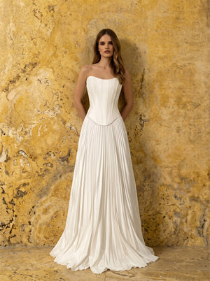 Strapless Corset Lace Up Back Pleated Skirt Satin Wedding Dress Bridal Dress