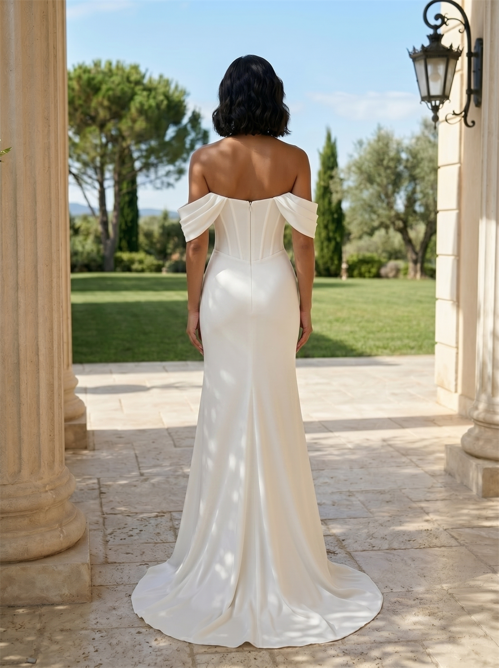 Off Shoulder Corset White Bridal Dress with Draped Neckline and Slit Formal Wedding Gown