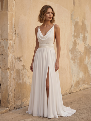 Draped Cowl V Neck Spaghetti Strap Chiffon Wedding Dress With High Side Slit & Beaded Waistband