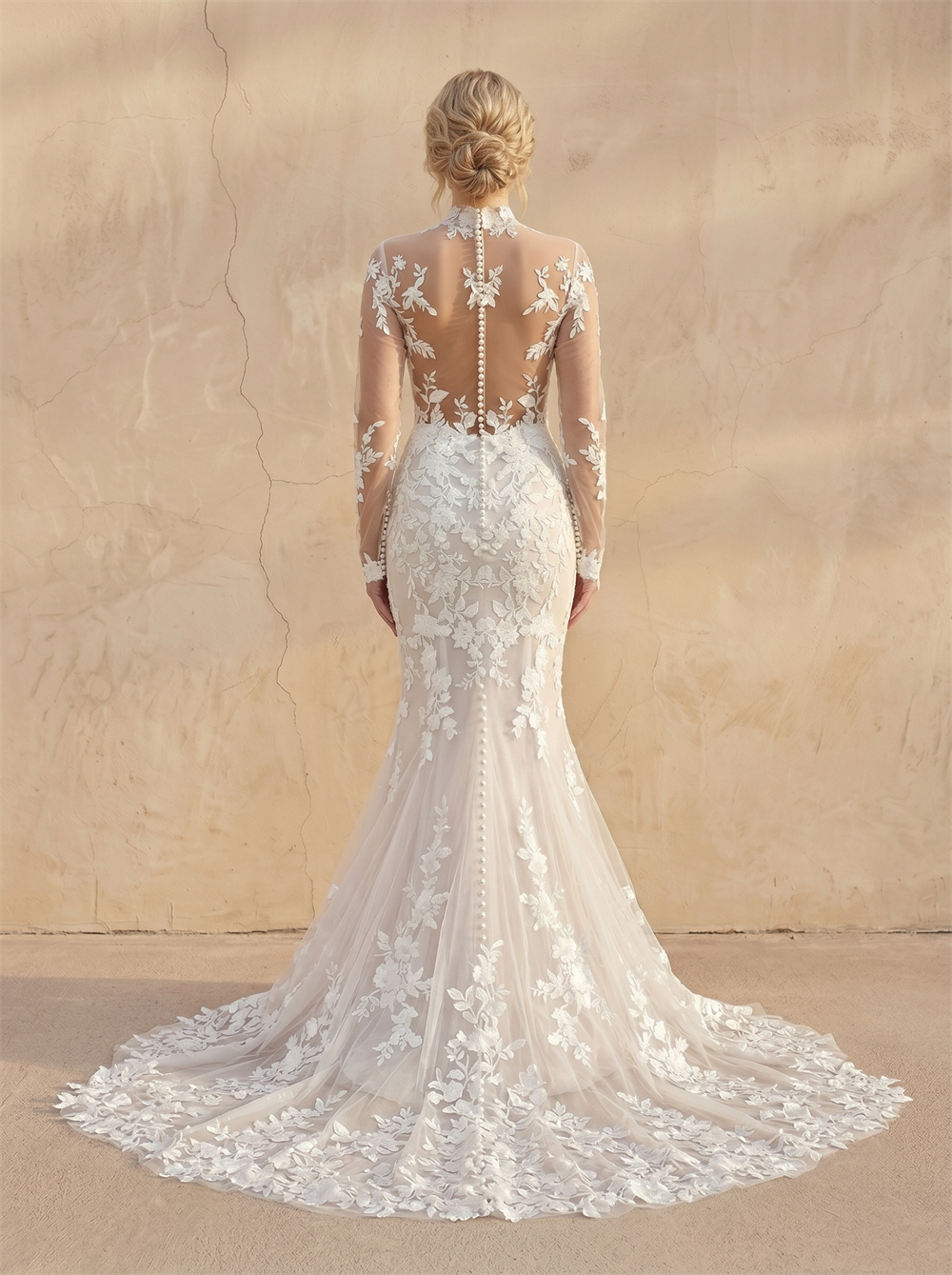 High Neck Long Sleeve Full Floral Lace Mermaid Wedding Dress