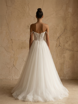 Strapless Sweetheart Beaded Chain Strap Lace Corset A-Line Floor Length Wedding Dress With Lace-Up Back Bridal Dress