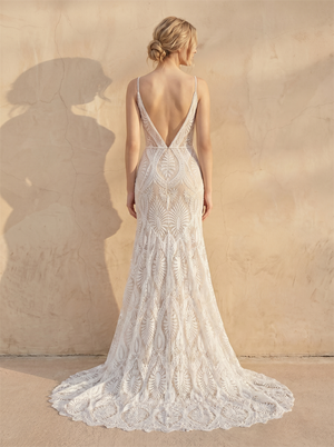 Spaghetti Strap Deep V Leaf Lace Mermaid Wedding Dress Low V Back Scalloped Train Bridal Dress