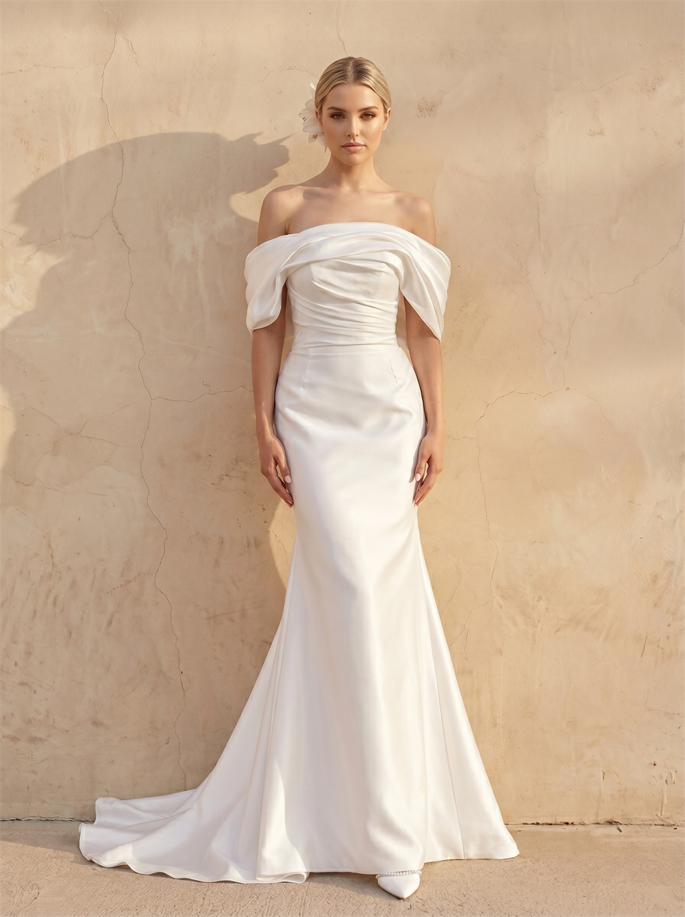 Off Shoulder Draped Satin Mermaid Wedding Dress Ruched Waist Detachable Overskirt Zip Back Elegant Bridal Dress