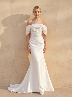 Off Shoulder Draped Satin Mermaid Wedding Dress Ruched Waist Detachable Overskirt Zip Back Elegant Bridal Dress